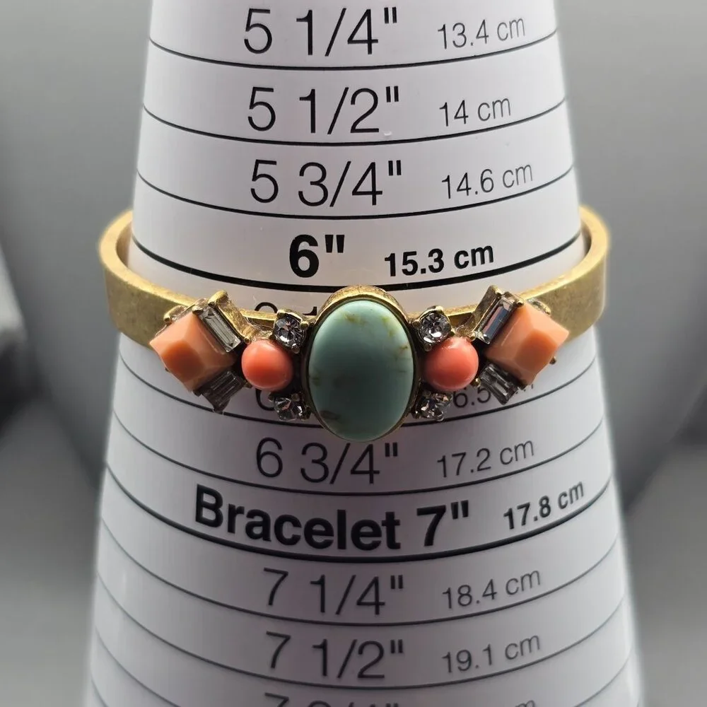 J Crew Antique Gold Tone Cuff Bracelet Faux Coral & Turquoise Stones Rhinestones - Picture 9 of 9